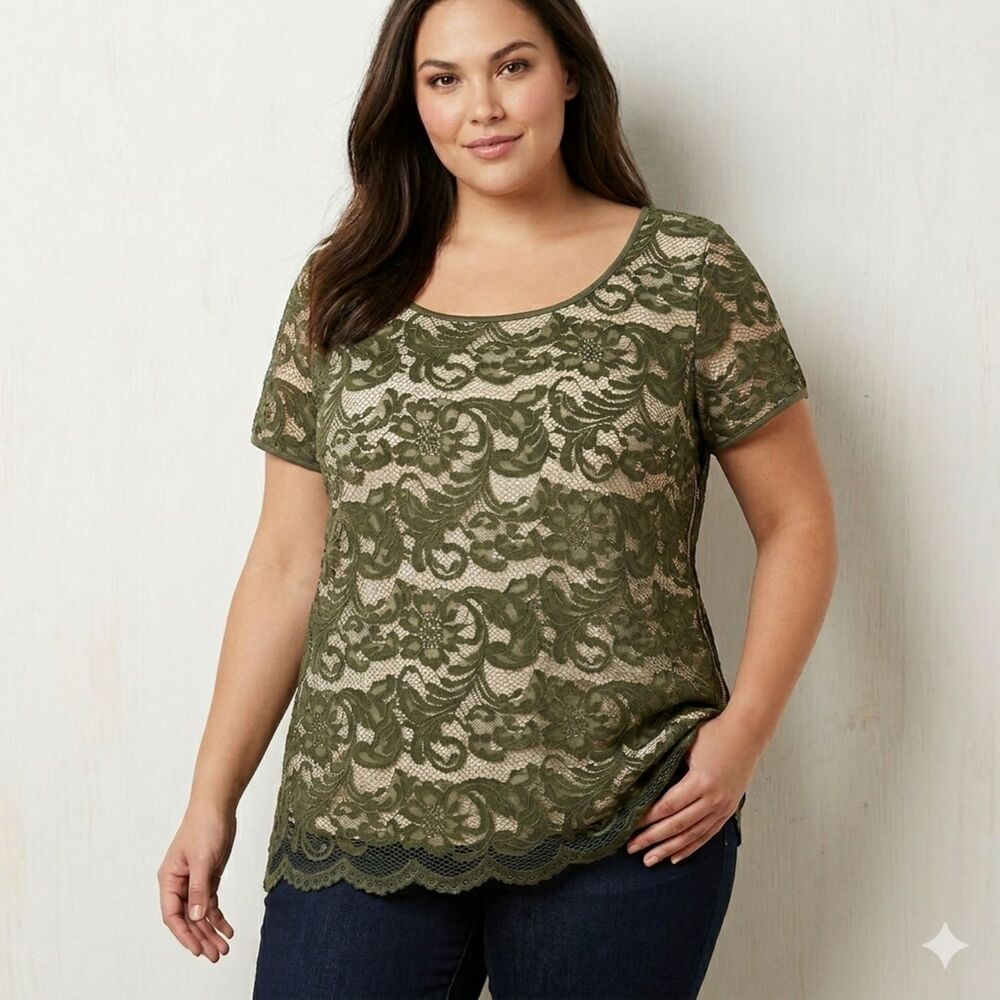 Roz & Ali Olive Green Lace Top Womens Size 1X Short Sleeve Lined Blouse Shirt